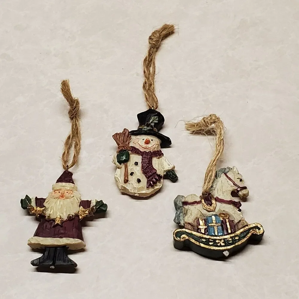 Set Of Three Resin Christmas Ornaments  Santa Rocking Horse And Snowman Jute
